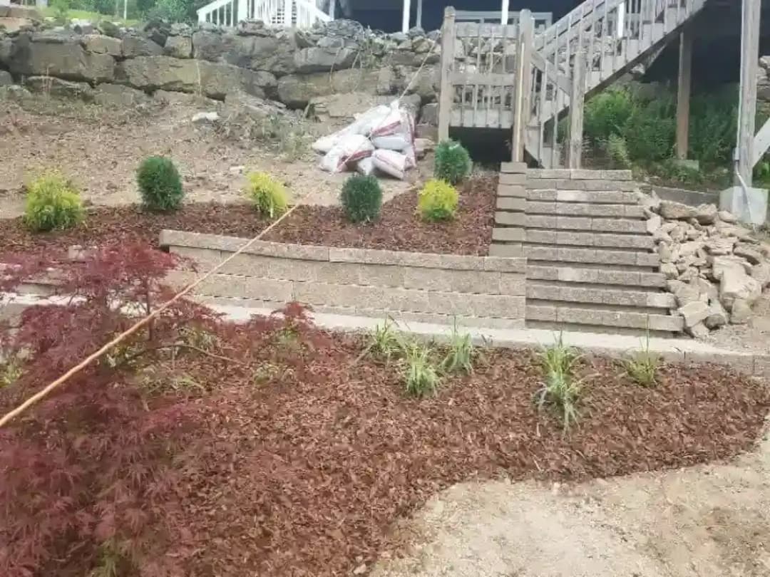 Completed hardscaping with stone steps and landscaping, Johnson City TN